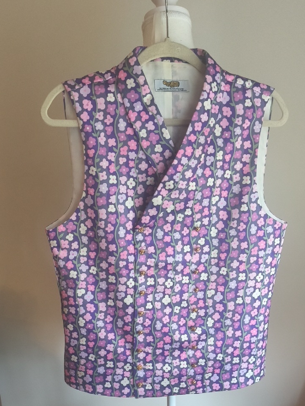 Willie Wonka Purple Floral Pattern Vest Waistcoat Double Breasted Gold Buttons M